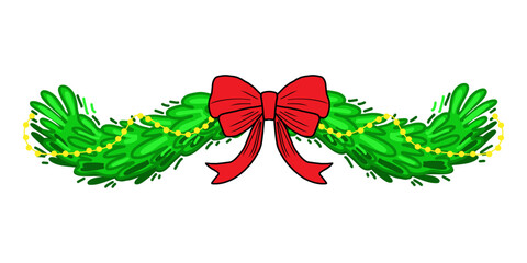 Christmas garland with pine branches, red bow, and golden beads. Festive horizontal border for banners, invitations, web, holiday cards, party, and winter decor.