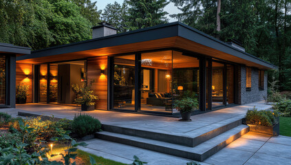 Modern single-story house with large glass walls, warm exterior lighting, flat roof, stone and wood facade, surrounded by greenery and garden pathway, AI generated