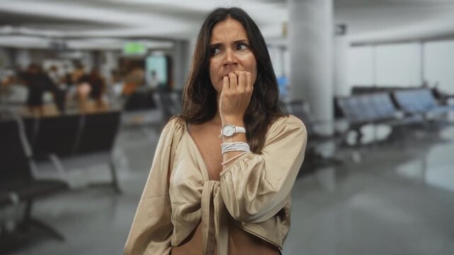 Young hispanic woman biting her nails with hand to mouth, showing wristwatch and tied blouse while standing in an airport terminal seating area; travel anxiety.