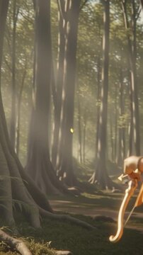 Child Rama practices archery in a serene forest, focused and disciplined, surrounded by lush trees and soft sunlight, symbolizing skill, devotion, and youthful valor.