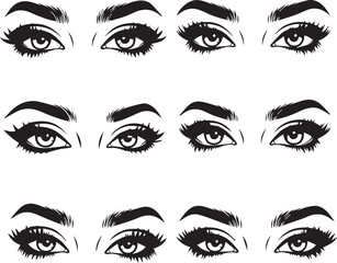 Collection of stylized black and white eyes with dramatic makeup