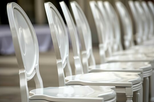 Elegant White Chairs in a Row for Wedding Ceremony or Event Close Up Perspective Neutral Background
