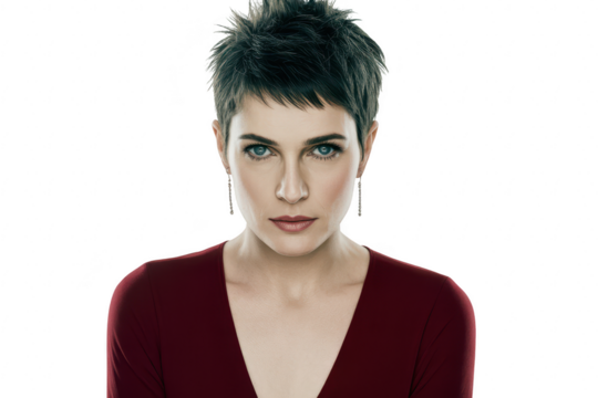Woman with short spiky hair and intense gaze isolated on transparent background