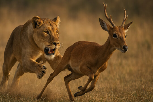 A lioness hunting a young deer in a grassy field.