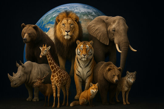 A group of diverse wild animals representing global biodiversity, gathered together in front of Planet Earth to symbolize wildlife conservation