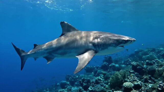Dynamic underwater perspective of a tiger shark patrolling a sandy seabed, with intricate details of its striped pattern and surroundings. Low angle, seabed interaction, detail focus.