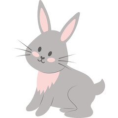 Cute gray cartoon bunny rabbit with pink accents on its ears and neck sitting and looking to the side with a sweet expression on its face and delicate whiskers on a transparent background