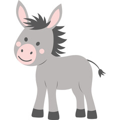 Cute Gray Donkey with Pink Cheeks and Dark Mane Standing on Transparent Background