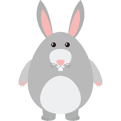 Fototapeta premium Cute Gray Cartoon Bunny Rabbit with Pink Ears and White Belly and Teeth Standing Front Facing with Big Eyes and Whiskers on Transparent Background