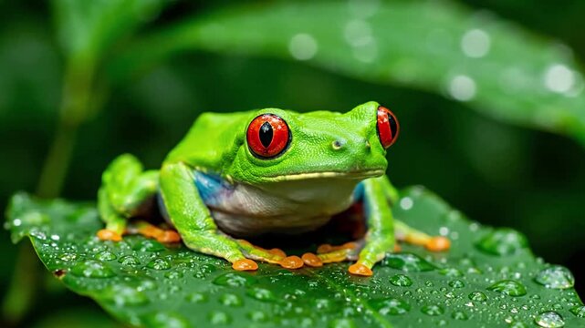 A close up study of amphibian adaptation, camouflage, and survival in a complex natural setting. Show the amphibian blending with its environment, perhaps a slow, deliberate movement or a watchful?
