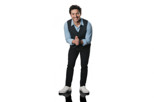 A man in a vest and shirt, standing and clapping hands isolated on transparent background