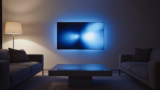 Modern Living Room Interior with Ambilight TV and Blue Ambient Lighting at Night