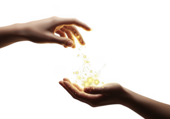 Two hands releasing sparkling golden dust isolated on transparent background