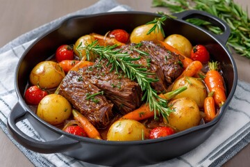Fototapeta premium Pot roast beef stew with vegetables and rosemary in a cast iron skillet
