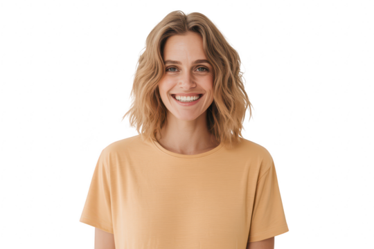 Beautiful young woman with blonde curly hair smiling warmly, wearing a casual orange tshirt, isolated on transparent background - Powered by Adobe