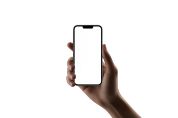 Hand holding a smartphone with a blank white screen isolated on transparent background