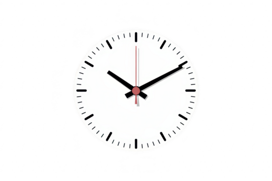 Analog clock face with black hands and red second hand, isolated on transparent background