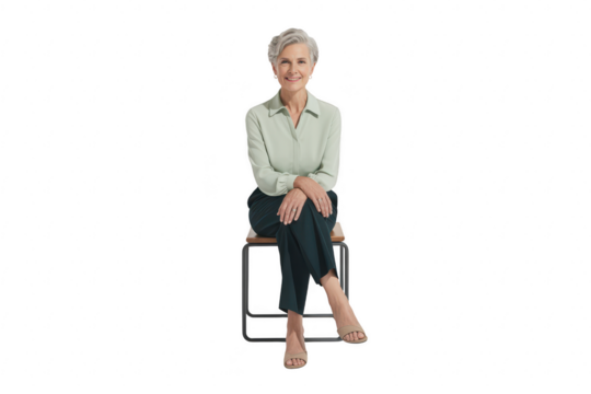 Elderly woman with short gray hair smiling and sitting on a stool isolated on transparent background