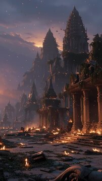 Priests and devotees performing evening aarti at an ancient temple complex, with golden lamps illuminating stone pillars, sacred chants filling the air, and a serene spiritual atmosphere under the twi