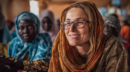 A travel blogger attends a vibrant community meeting, smiling and listening to local members. The setting is lively, filled with colorful attire and shared stories of culture and tradition