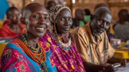 Travel blogger engages with local community members during a meeting, smiling faces highlight cultural exchange in a lively atmosphere filled with colorful attire