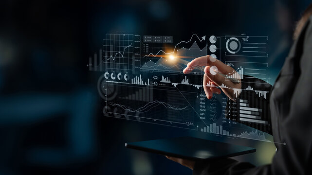 A professional user interacts with a futuristic touchscreen interface displaying dynamic business analytics and data visualizations, ideal for corporate analysis. Scalp - Powered by Adobe