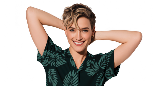 Young woman with short curly hair and a green leafprint shirt, smiling with hands behind her head, isolated on transparent background - Powered by Adobe