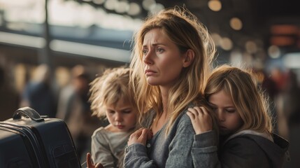 A mother stands in a crowded train station, looking anxious as she holds her two young children close. The bustling environment adds to her stress during the journey