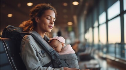 A mother sits in an airport terminal, holding her baby close in a carrier. She appears calm, despite her struggle with postpartum depression as travel swirls around her