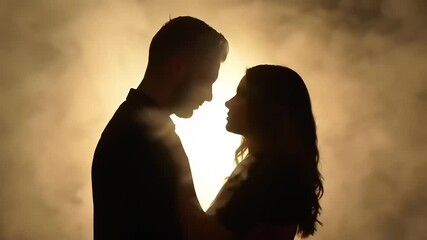 Romantic couple silhouette embrace with smoke background. - Powered by Adobe