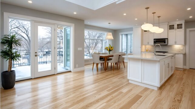 Modern bright open concept kitchen dining room interior