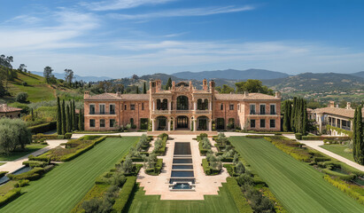 Grand Mediterranean-style mansion with manicured gardens, elegant symmetry, central fountain, arched windows, and mountain backdrop under a clear blue sky, AI generated