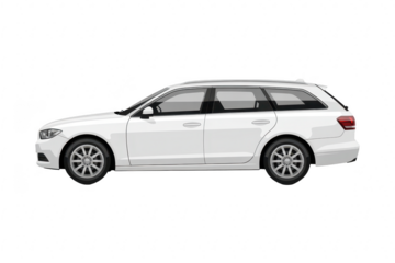 A white station wagon car, viewed from the side, isolated on transparent background