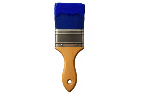 Paintbrush with blue paint on bristles, representing art, creativity, renovation, and diy projects, isolated with transparent background
