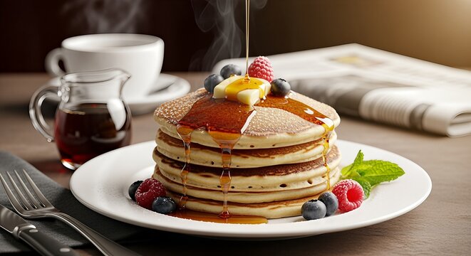 Stack of Pancakes with Berries and Maple Syrup Drizzle.