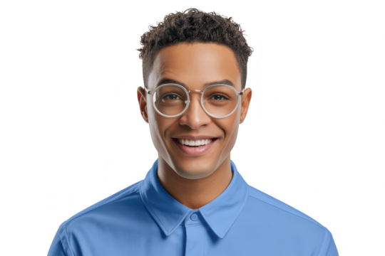 Young man wearing glasses and blue shirt, isolated on transparent background