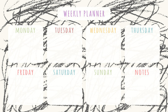 Weekly schedule planner template. Layout with days sections for checklists, notes for home, work and education use. Modern aesthetic style.