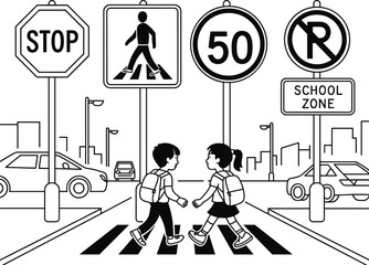 Children crossing street with traffic signs and cars vector. School zone Children crossing street with traffic signs.