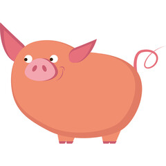 Chubby Pink Pig Illustration with Curly Tail and Playful Expression on Transparent Background
