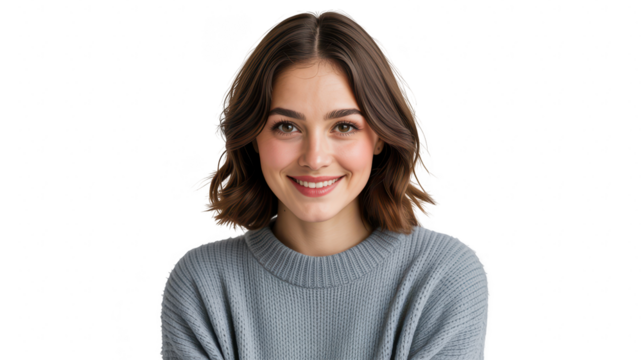 Young woman with brown hair smiling, wearing a grey sweater, isolated on transparent background