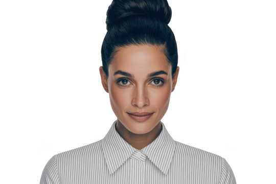 Woman with dark hair in a bun, wearing a striped shirt, isolated on transparent background