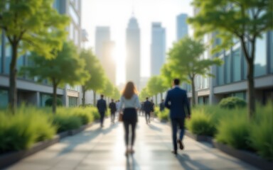 An abstract image of business people walking in a corporate office area located in a green city downtown. The blurred background highlights sustainable urban elements, including eco-friendly buildings