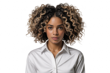 Beautiful woman with curly hair wearing a white shirt, looking directly at the camera, isolated on transparent background