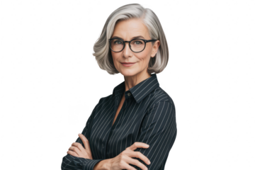 Mature elegant woman with glasses and gray hair, looking confidently at the camera, isolated on transparent background