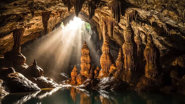 Wide angle shot revealing the immense scale of a subterranean chamber, with textured rock walls and ceiling extending into the darkness, evoking a sense of awe and mystery.