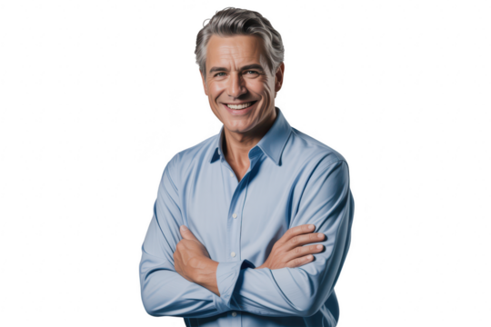 Smiling middleaged man with graying hair and crossed arms, isolated on transparent background