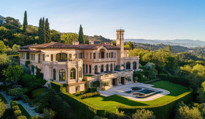 Luxurious Mediterranean-style mansion with terracotta roof, grand balconies, manicured gardens, and stunning hillside views bathed in golden sunlight, created with generative AI