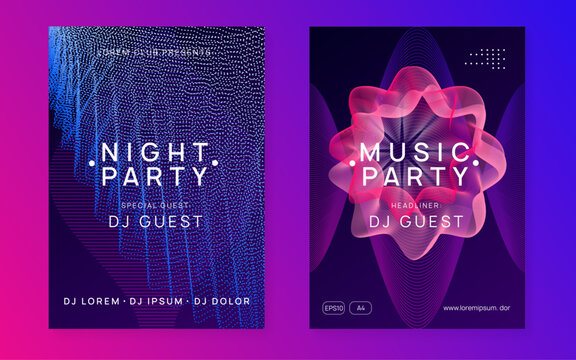 Discotheque Magazine. Blue Dj Banner. Electronic Audio Invitation. Edm Trance Element. Festival Vector. Fest Poster. Pink Party Event. Violet Discotheque Magazine