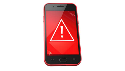 Red phone displays an alert. Red triangle with exclamation mark is on the screen. The background is pure black