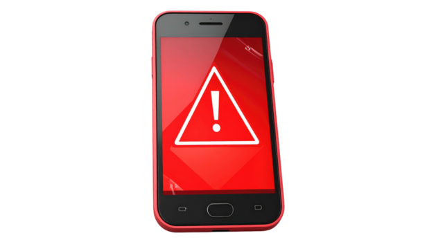 Red phone displays an alert. Red triangle with exclamation mark is on the screen. The background is pure black